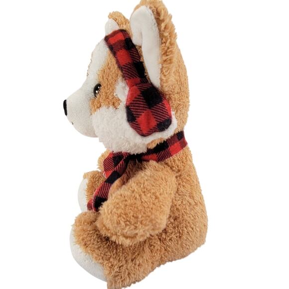 Light Brown Dog Plush Stuffed Animal 7" Red Plaid Earmuffs Scarf Soft Toy Corgi - Picture 8 of 15